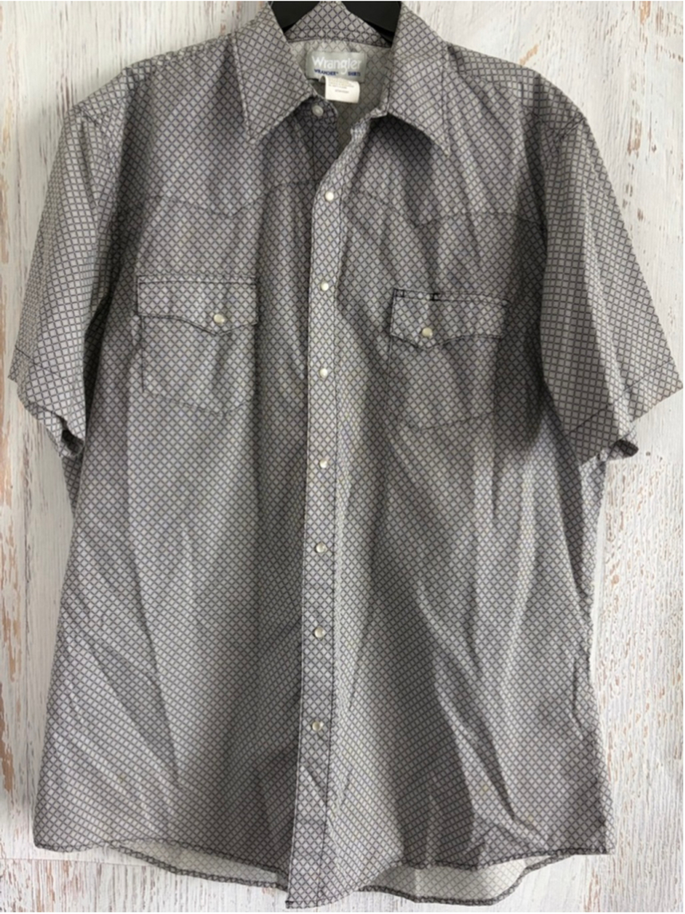 Men's Wrangler Wrancher Gray & Black Patterned Casual Button Down Shirt XLT